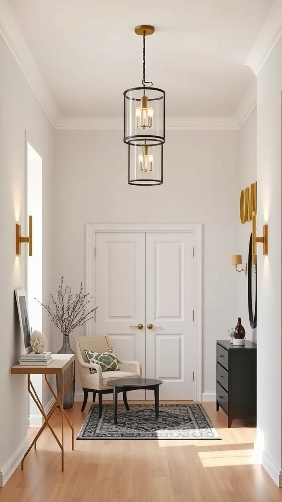 Stylish foyer with modern pendant light and wall sconces