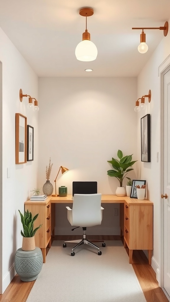 A narrow home office with stylish lighting, featuring a globe ceiling light, wall sconces, and a desk lamp, surrounded by plants and decorative items.