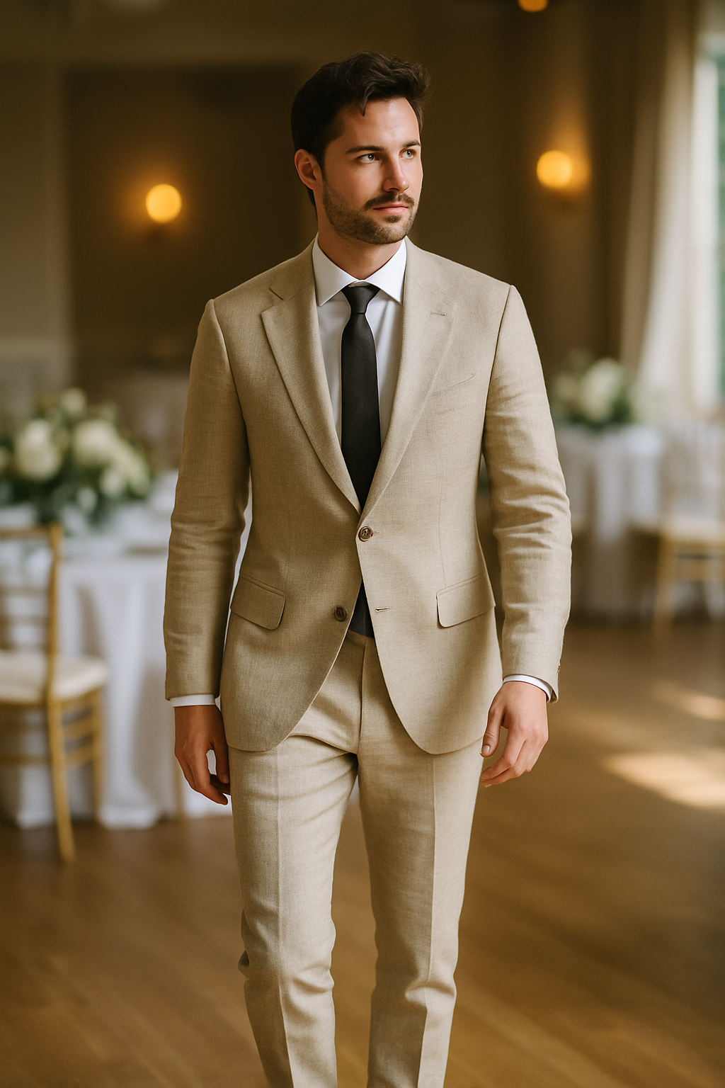 A man in a stylish beige linen suit with a black tie, standing in a well-lit event space.