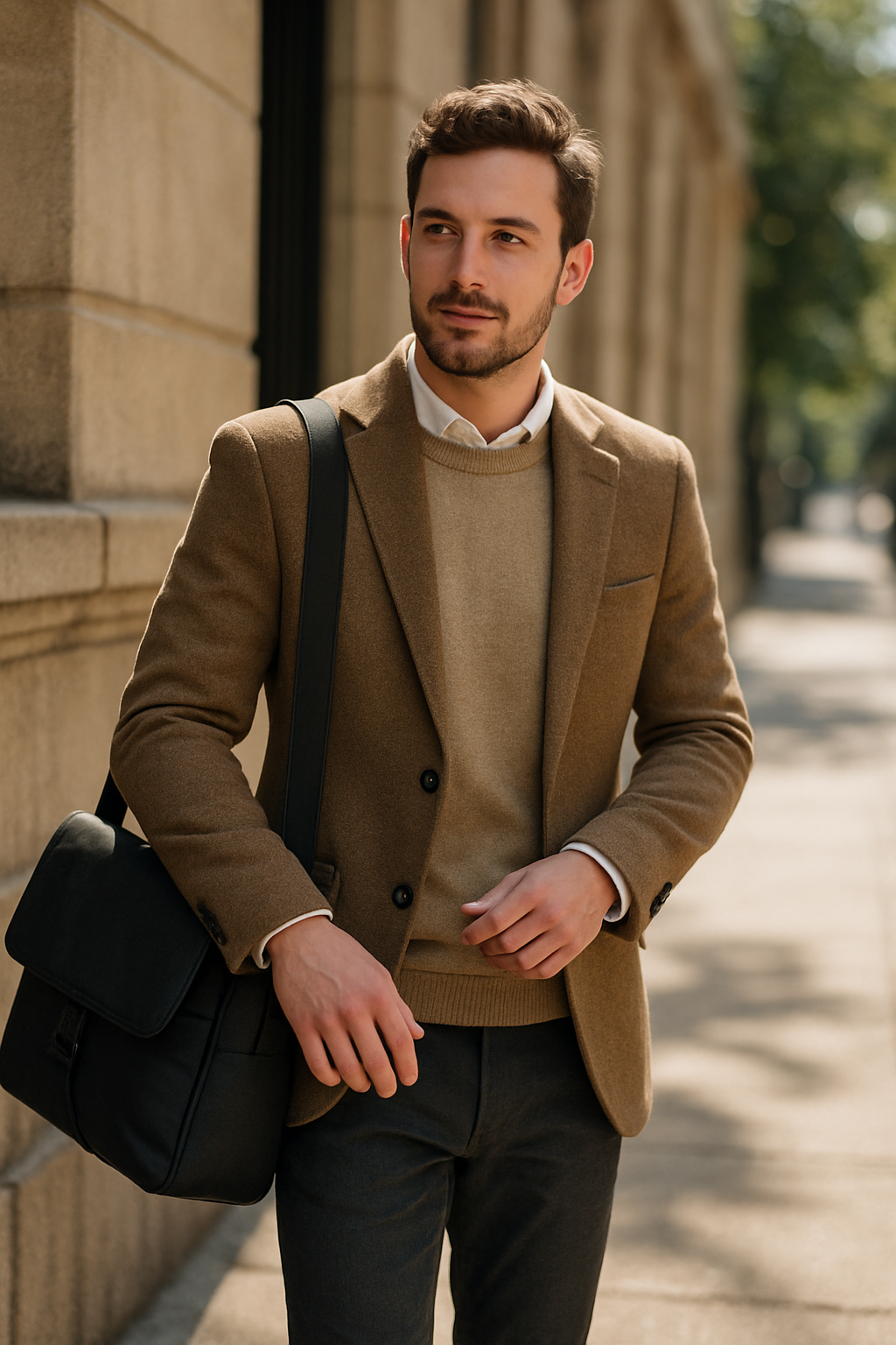 A man in a smart casual outfit holding a stylish messenger bag.