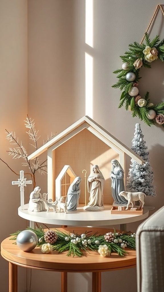 A stylish nativity scene featuring elegant figures of Mary, Joseph, and baby Jesus, set against a wooden stable, with festive decorations around.
