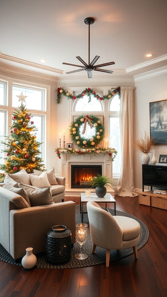 Cozy living room decorated for Christmas with a tree, wreaths, and a fireplace.