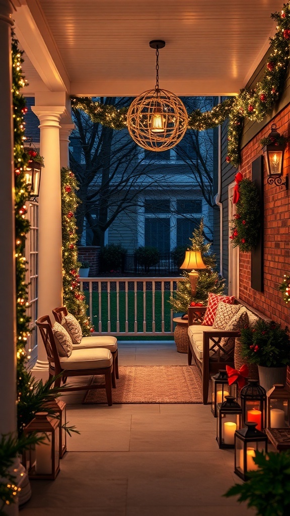 A beautifully decorated porch for Christmas with garlands, lanterns, and comfortable seating.