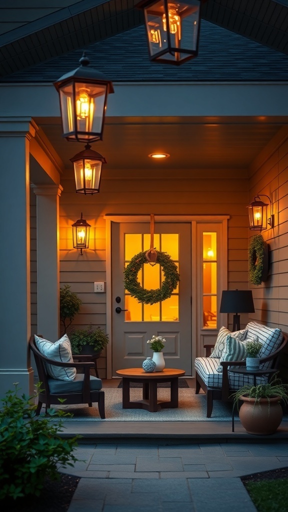 A cozy porch with stylish outdoor lanterns and comfortable seating, creating a warm and inviting entrance.