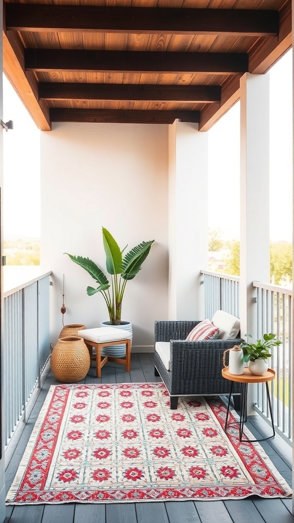 A cozy balcony featuring a stylish outdoor rug, a chair, a small table, and a potted plant.