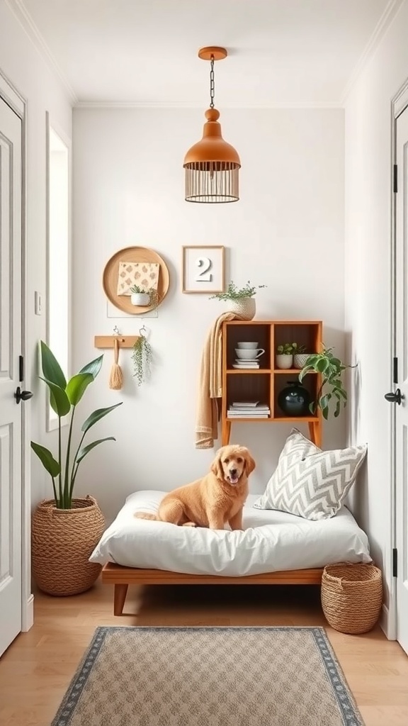 A stylish entryway featuring a cozy dog bed, plants, and decorative elements.