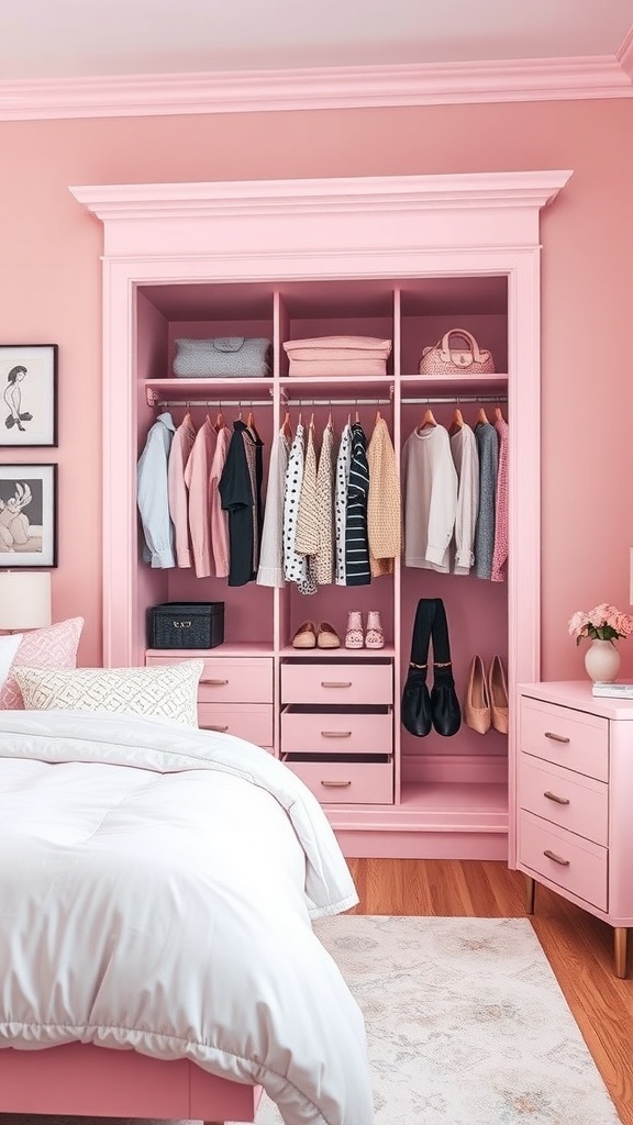 A stylish pink closet space with organized clothing and accessories in a girls' bedroom.