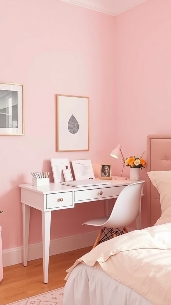A stylish pink desk corner with a white desk, chair, and decorative items.