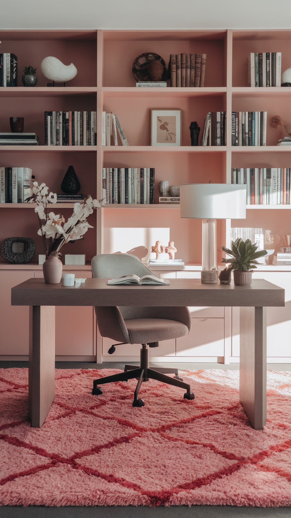 A stylish pink rug in a modern office setting with a desk and bookshelves.