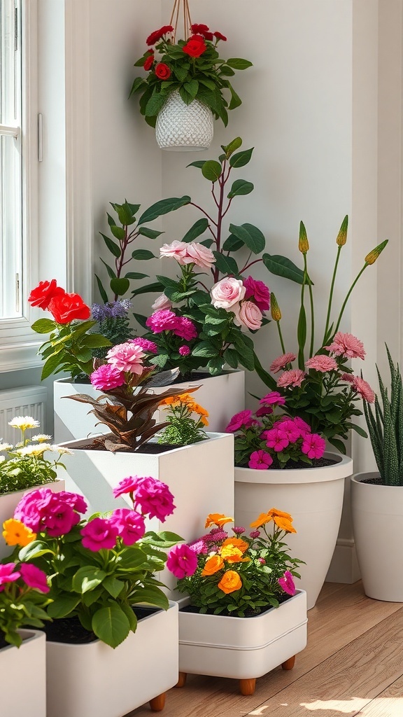 Colorful flowers in stylish white planters on a porch