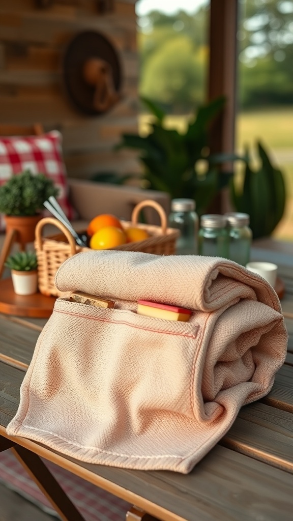 A stylish pocket towel folded neatly on a wooden table, with a pocket holding small items, surrounded by a cozy outdoor setting.