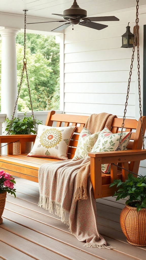 A cozy wooden porch swing with decorative pillows and a blanket, surrounded by potted plants and a ceiling fan.