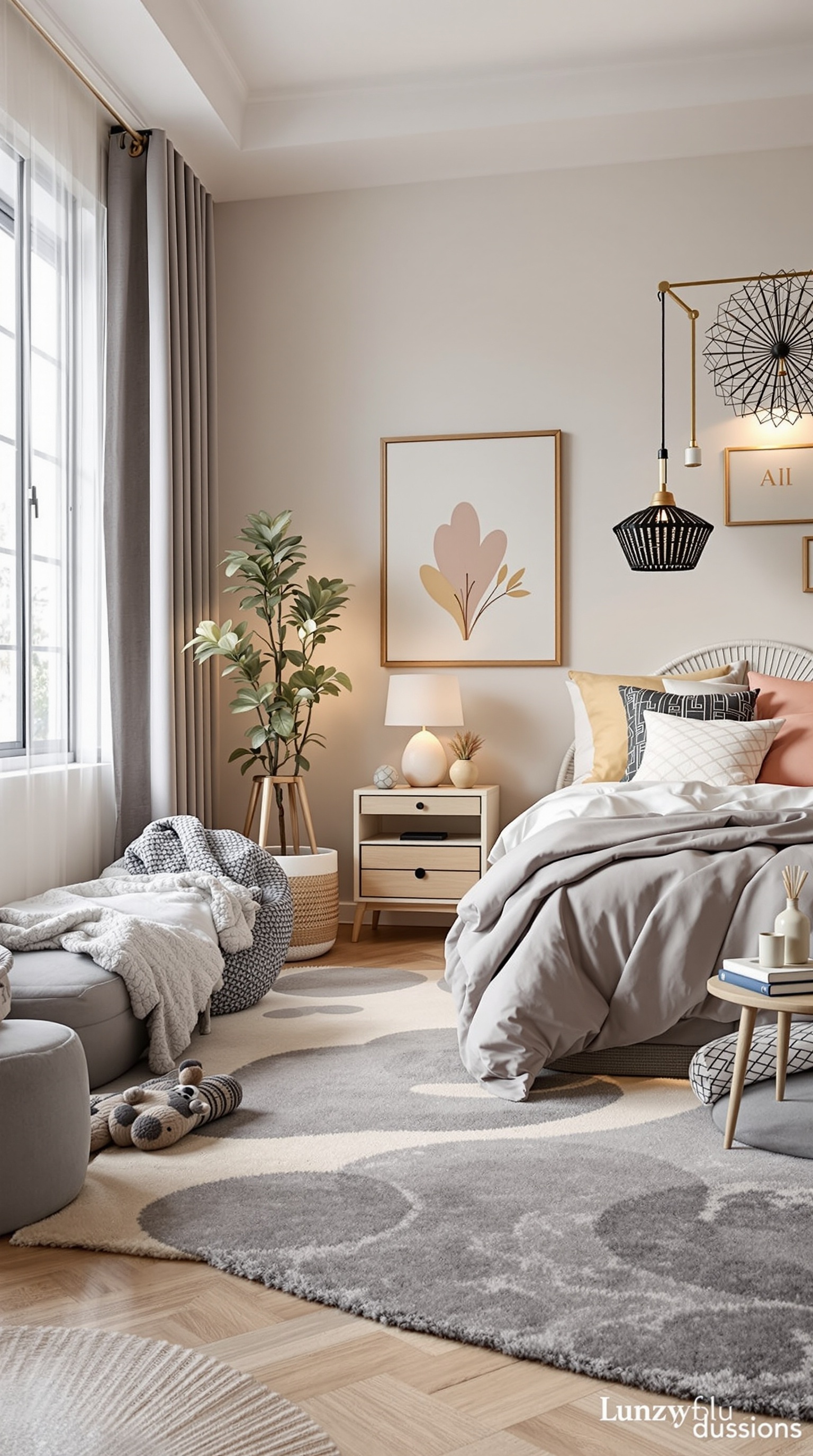 A stylish kids bedroom featuring a soft rug with playful shapes and neutral colors.