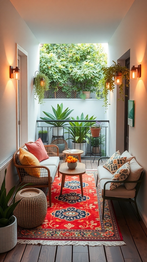 A narrow balcony with a vibrant red rug, comfortable seating, and colorful cushions surrounded by greenery.