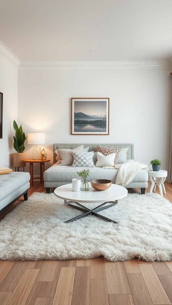 A cozy, fluffy rug in a stylish living room setting with light-colored furniture.