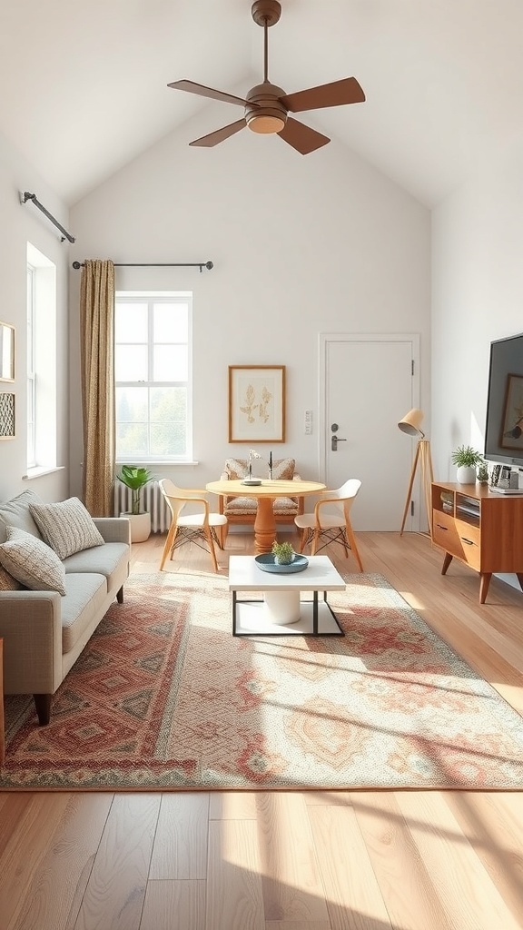 A cozy loft bedroom featuring a stylish rug, light wooden flooring, and modern furniture.
