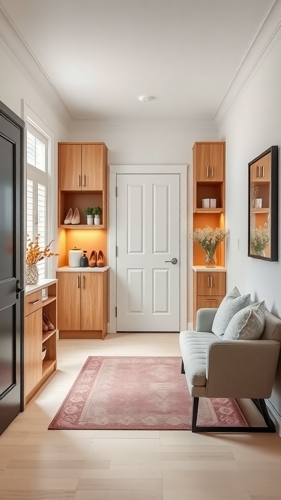 Stylish foyer with wooden shoe storage cabinets, a cozy bench, and decorative elements.