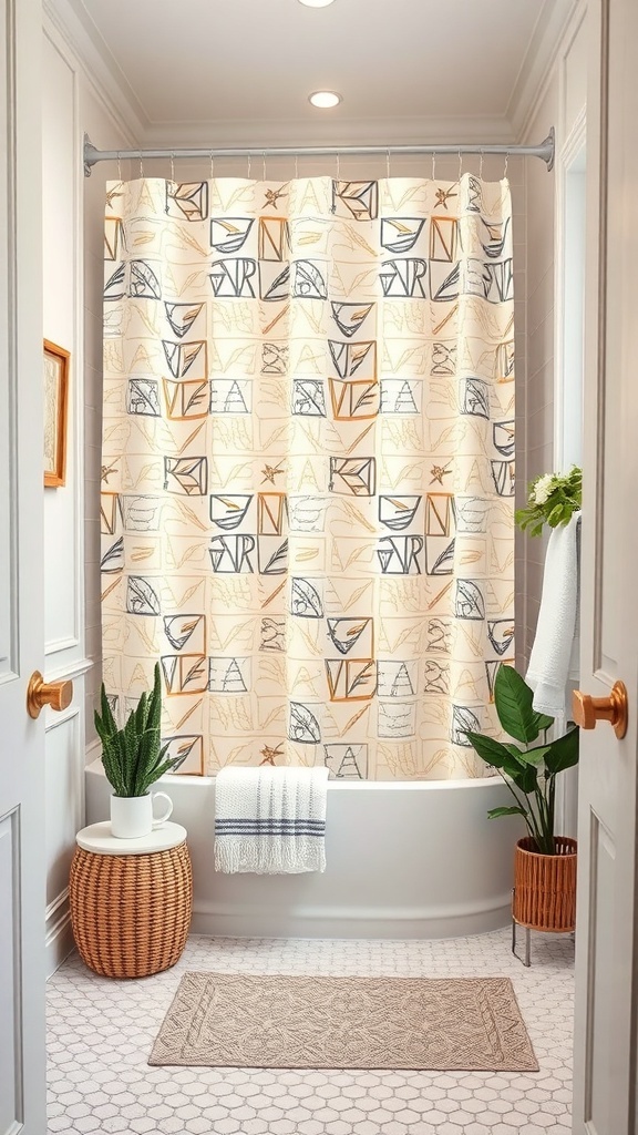 Stylish shower curtain in a small bathroom with modern design and plants