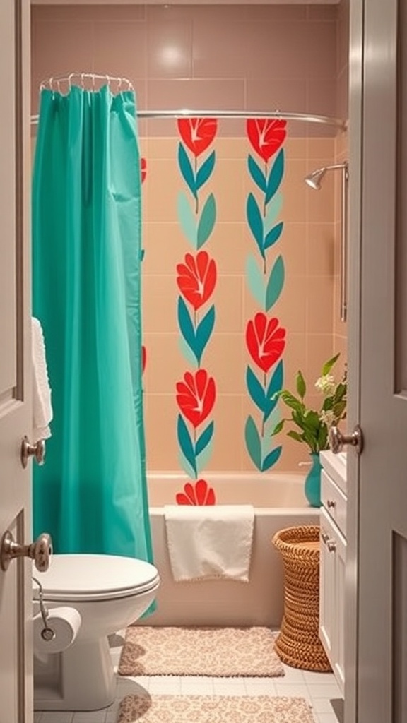 A small bathroom featuring a turquoise shower curtain, floral wall patterns, and a cozy decor.