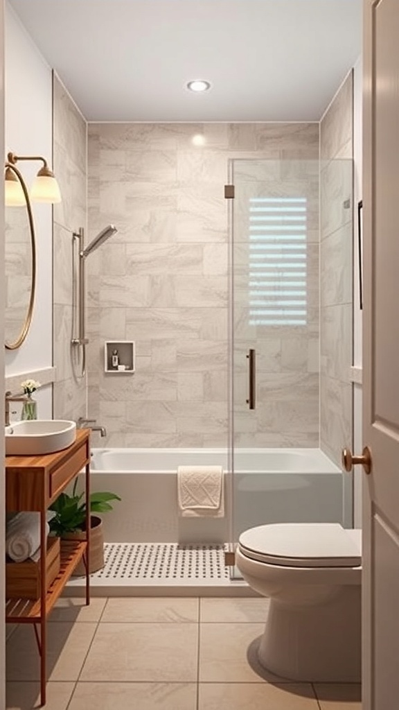 A compact half bathroom featuring a stylish shower, neutral tiles, and wooden shelving.