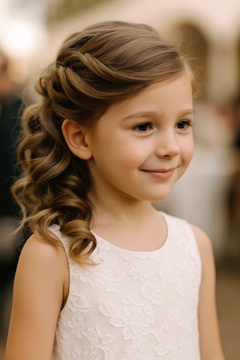 A young girl with side-swept curls, wearing a white dress with floral details.