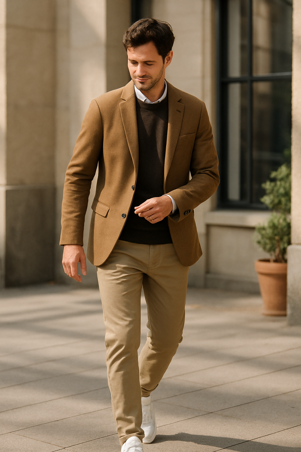 A man in a brown blazer and sweater walking in stylish white sneakers.