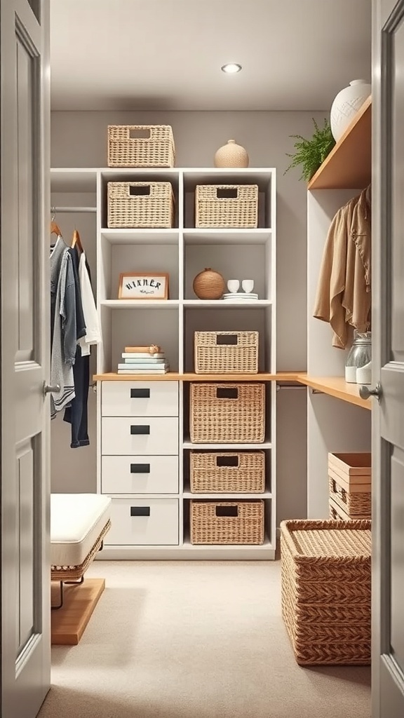 A small walk-in closet featuring stylish storage bins and baskets on shelves.
