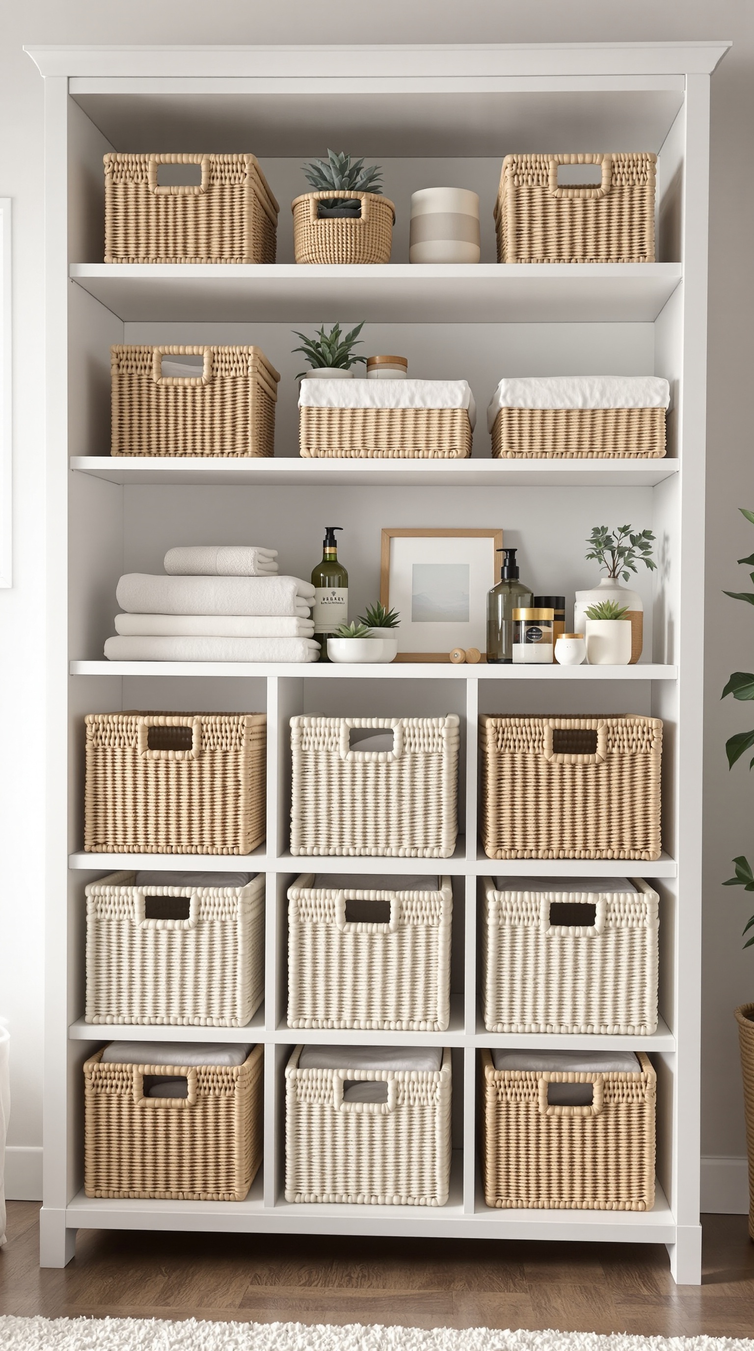 Stylish white shelving unit filled with woven baskets, towels, and decorative items in a baby room.