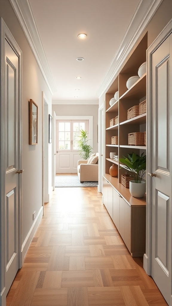 A stylish small hallway with built-in shelves, decorative items, and natural light.