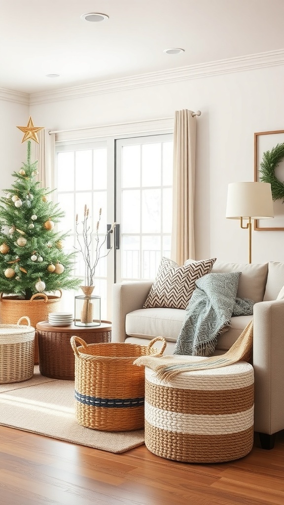 A cozy winter living room with a Christmas tree, a sofa, and stylish woven storage baskets.