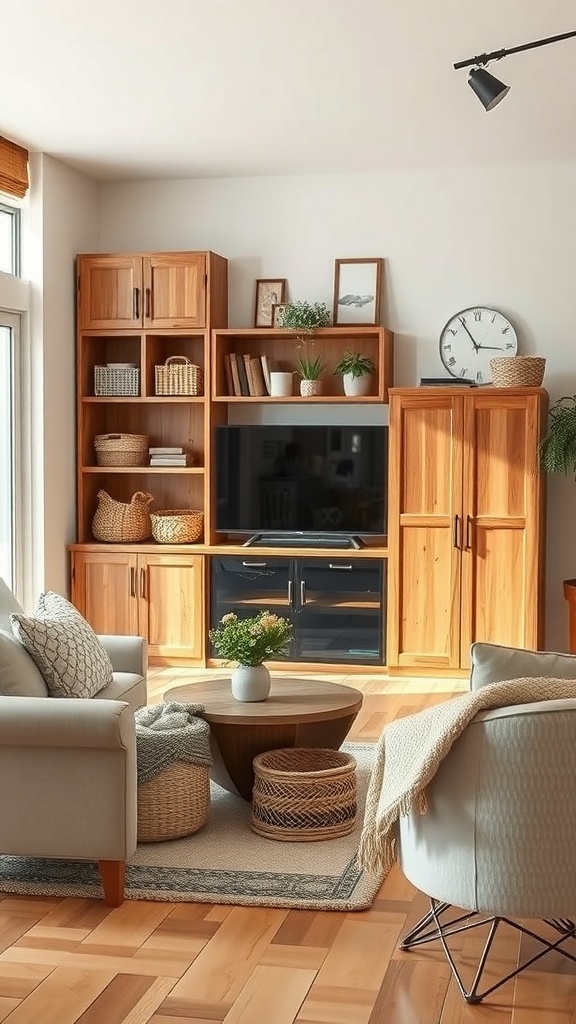 A modern rustic living room featuring stylish wooden storage solutions and cozy decor.