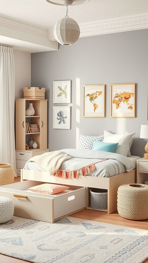 A modern kids bedroom featuring stylish storage solutions, including a bed with drawers, a tall storage unit, and woven baskets.