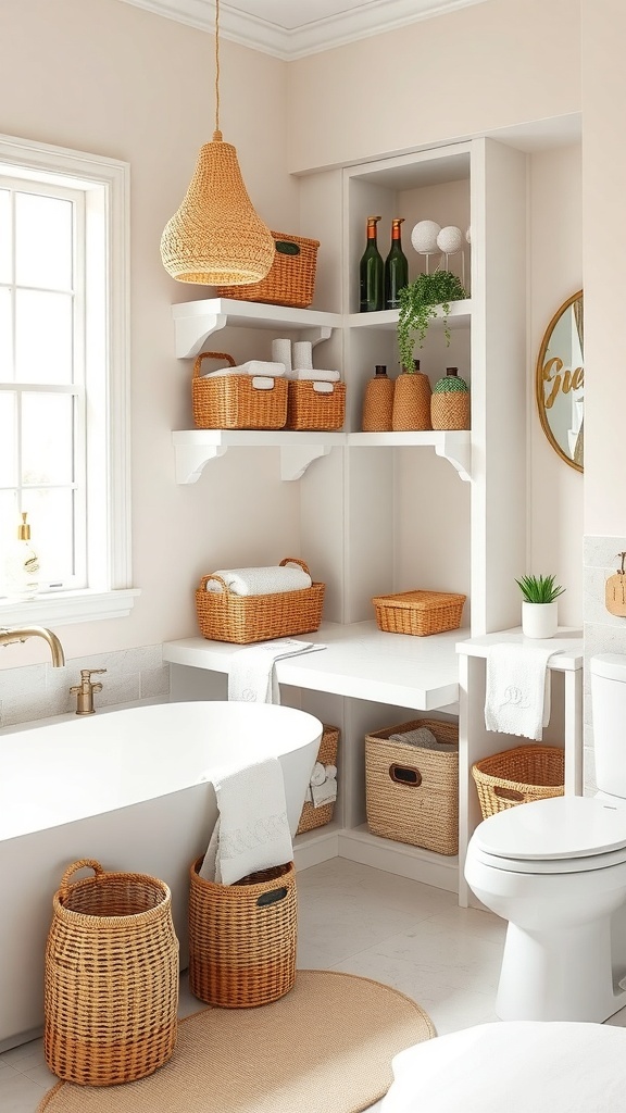 A stylish bathroom with organized storage solutions, featuring woven baskets and a serene color palette.