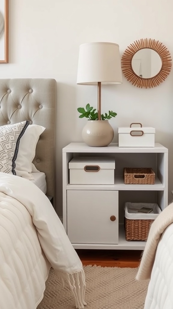 A stylishly organized nightstand with a lamp, plant, storage boxes, and a mirror.