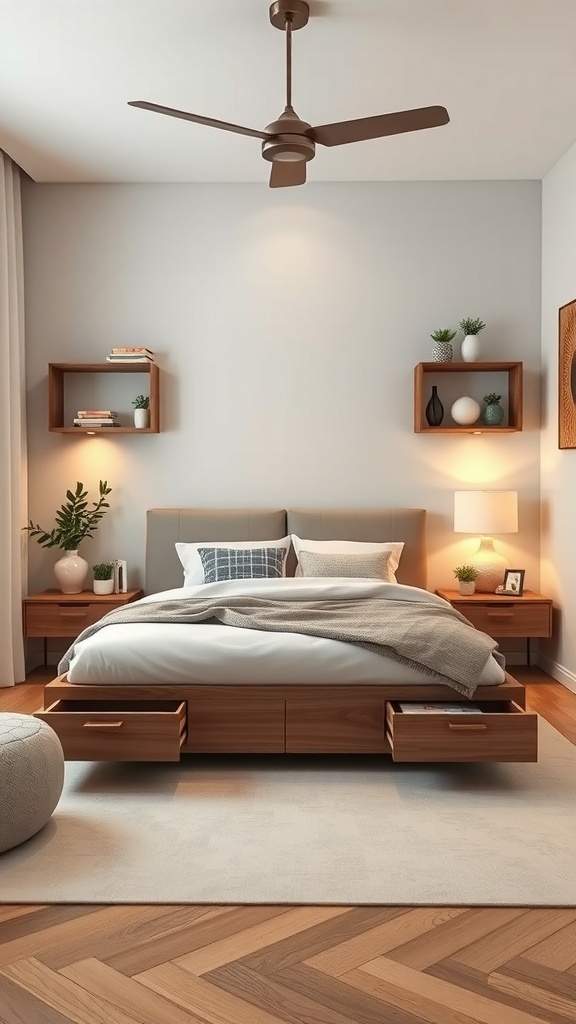 A modern teen boy bedroom featuring a bed with built-in storage, nightstands, and floating shelves.