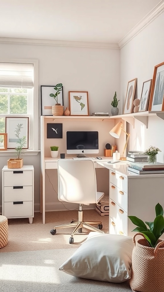 A stylish study nook featuring a white desk, chair, and plants, with artwork on the walls.