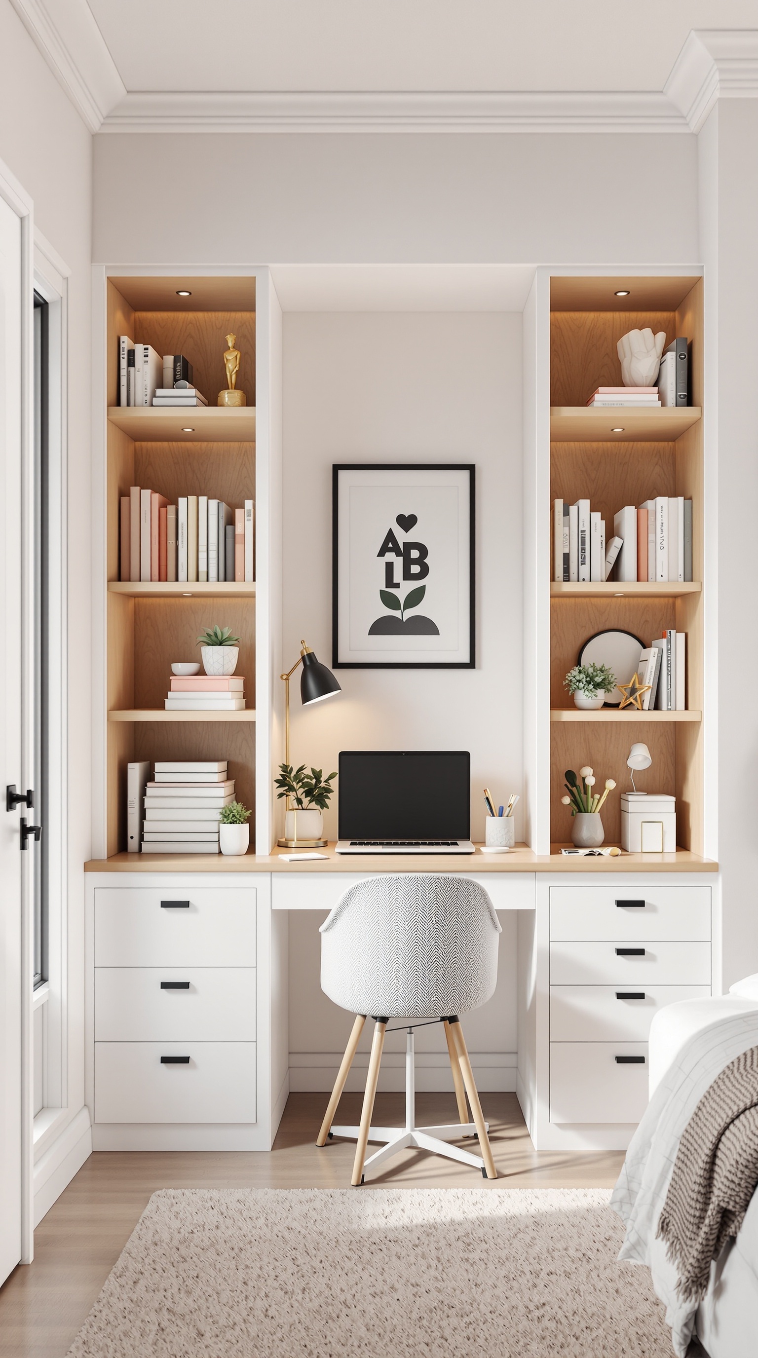 Stylish study nook with a desk, shelves, and plants