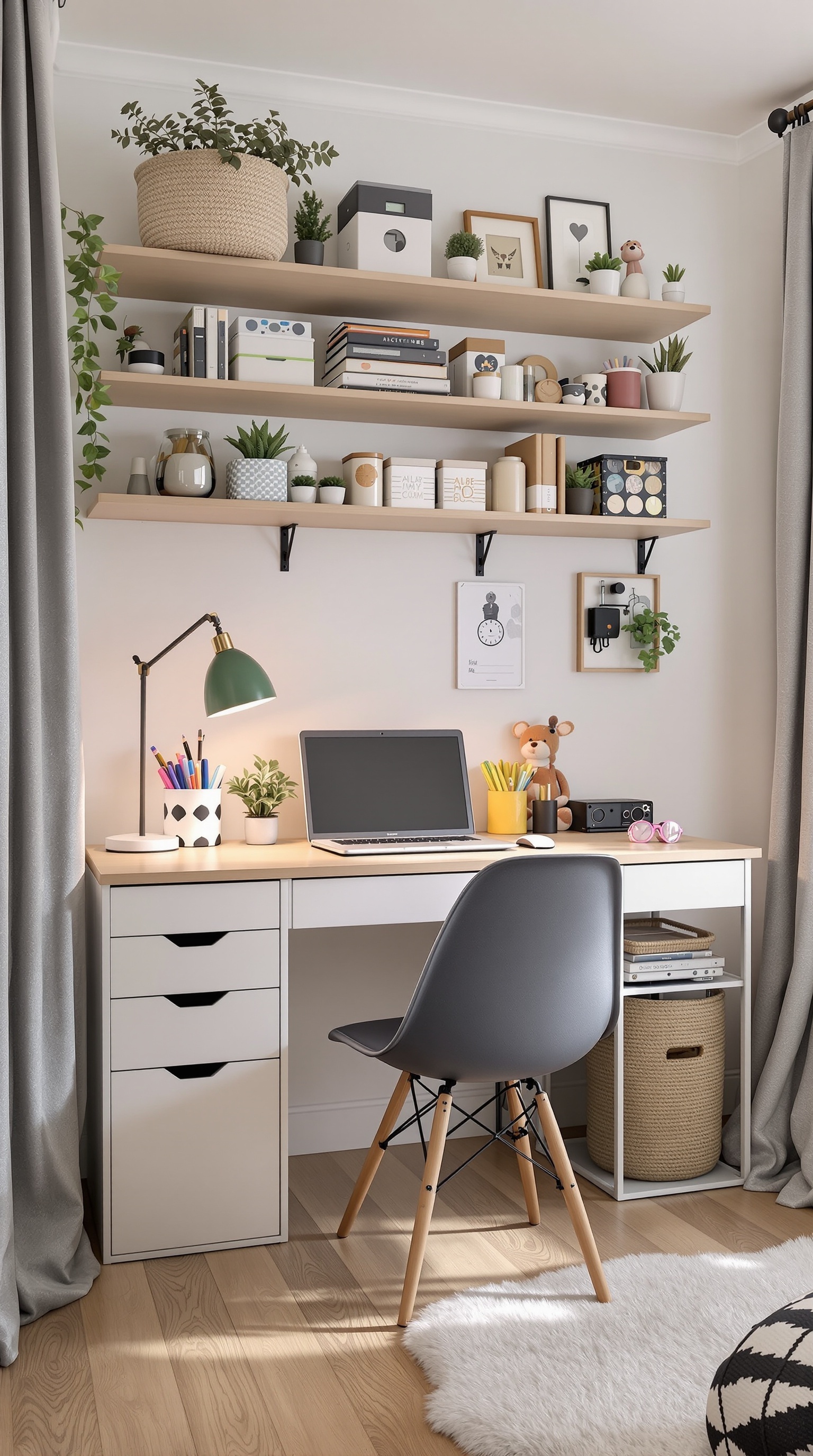 Stylish study space for kids with a desk, laptop, and decorative plants