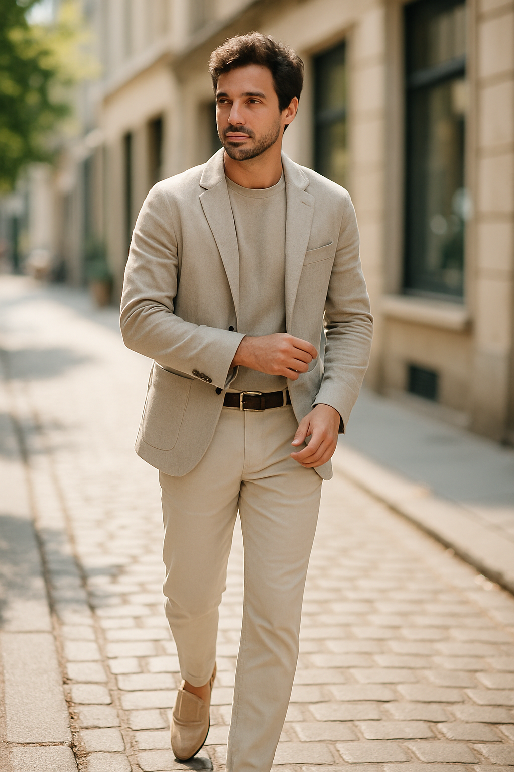 A man walking in a light-colored suit and loafers on a sunny street.