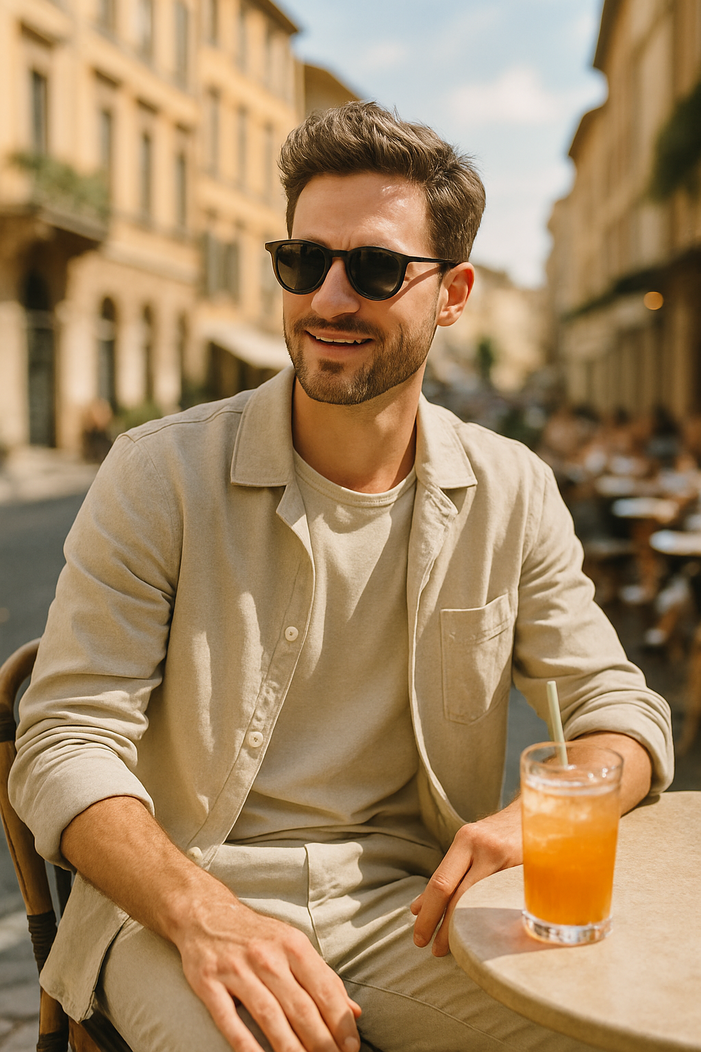 A man wearing stylish sunglasses while sitting at a cafe table with a drink