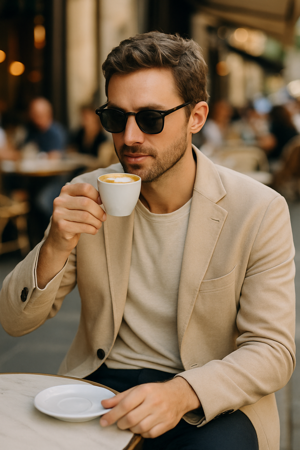 A man sipping coffee while wearing stylish sunglasses outside.