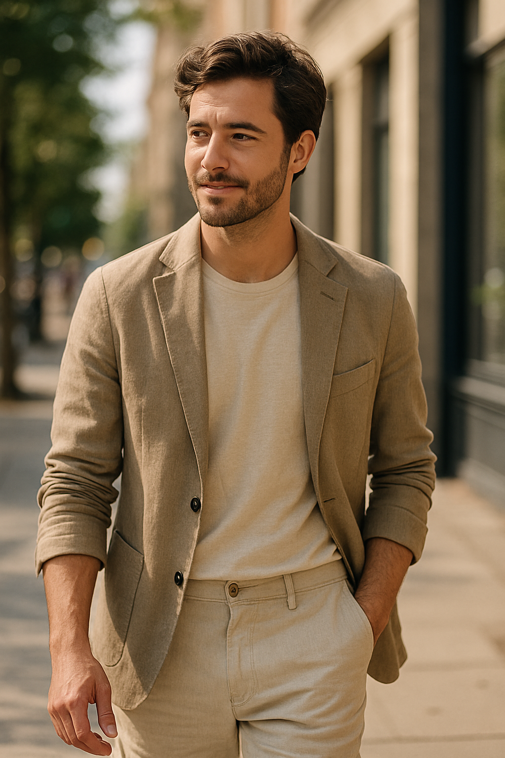 A man in a light blazer and tee walking outdoors, showcasing a casual summer outfit.