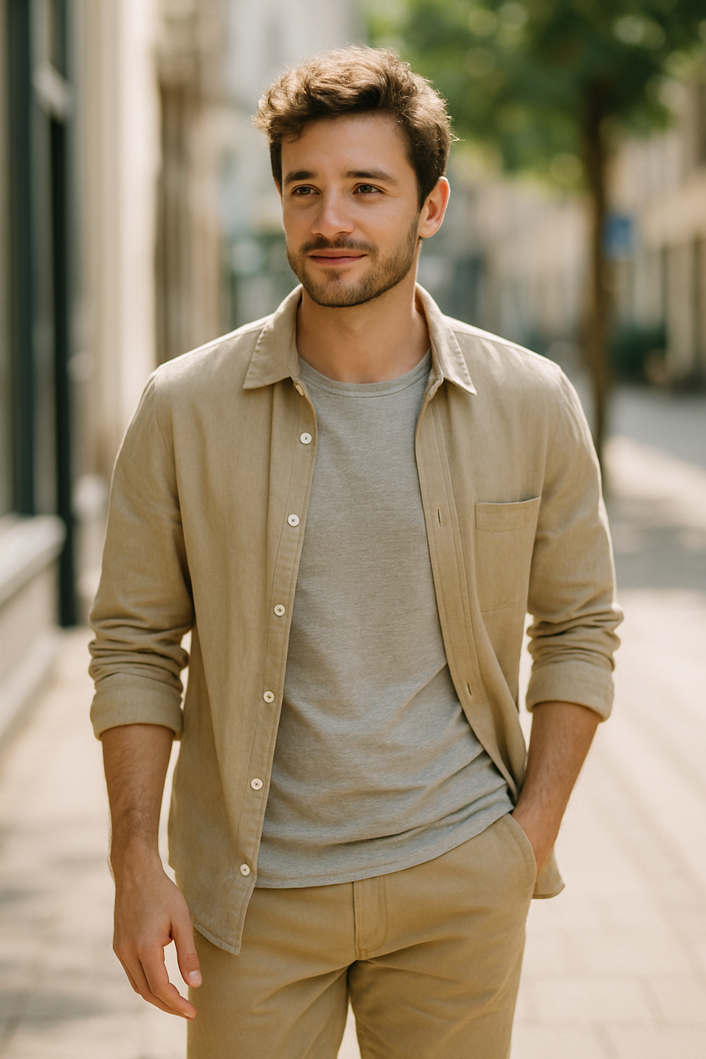 A man in a light outfit walking outdoors, perfect summer style.