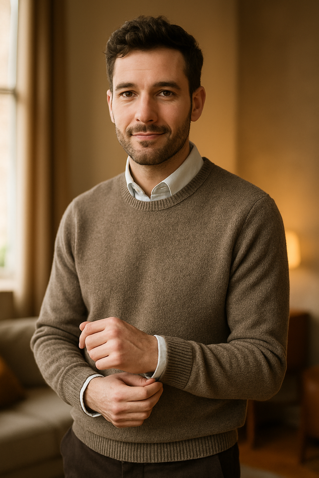 A man wearing a stylish sweater over a collared shirt, set in a cozy indoor environment.