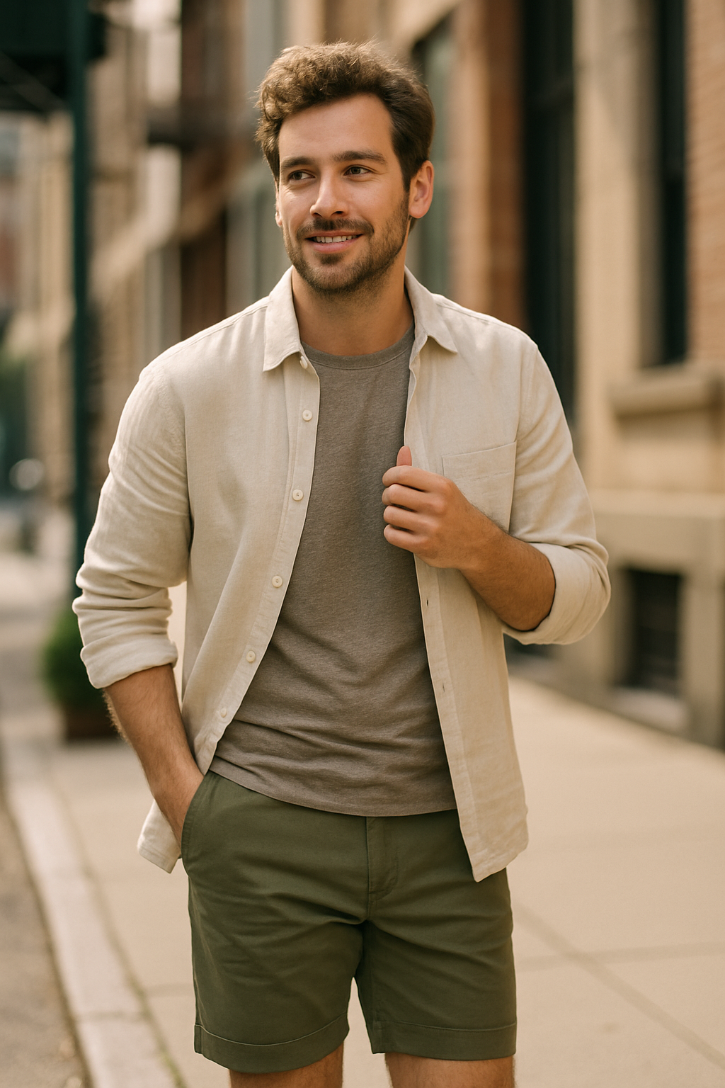 A young man wearing a light shirt and gray t-shirt with olive green shorts, smiling outdoors.