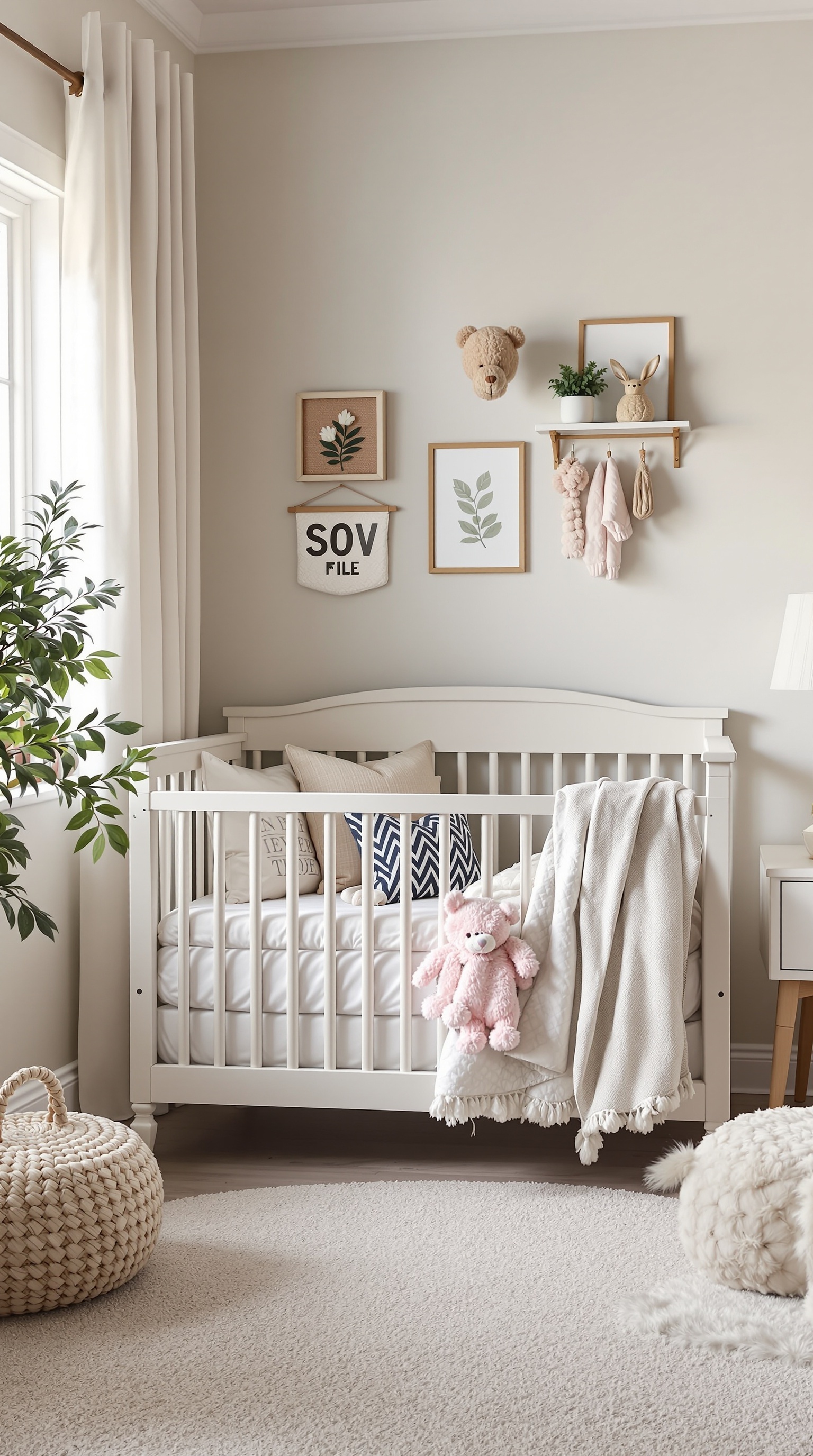 A stylish nursery featuring a white toddler bed with pillows and a blanket, surrounded by playful decor and plants.