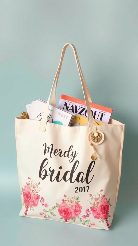 A stylish tote bag for a bridal shower, featuring floral designs and personalized text.