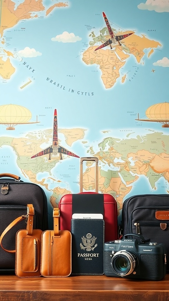 An assortment of stylish travel accessories including luggage, passport holders, and a camera, set against an illustrated world map background.