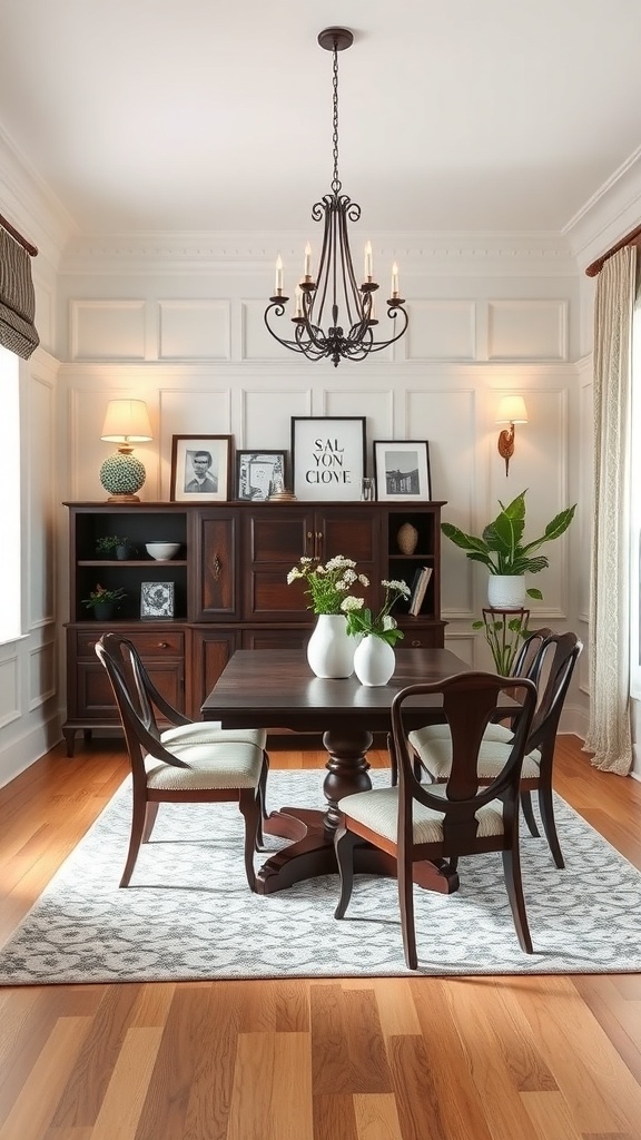 A dining room featuring stylish wainscoting, a dark wood table, and elegant decor.