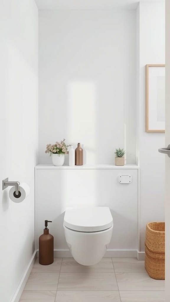 A minimalist small bathroom featuring a wall-mounted toilet and decorative elements.
